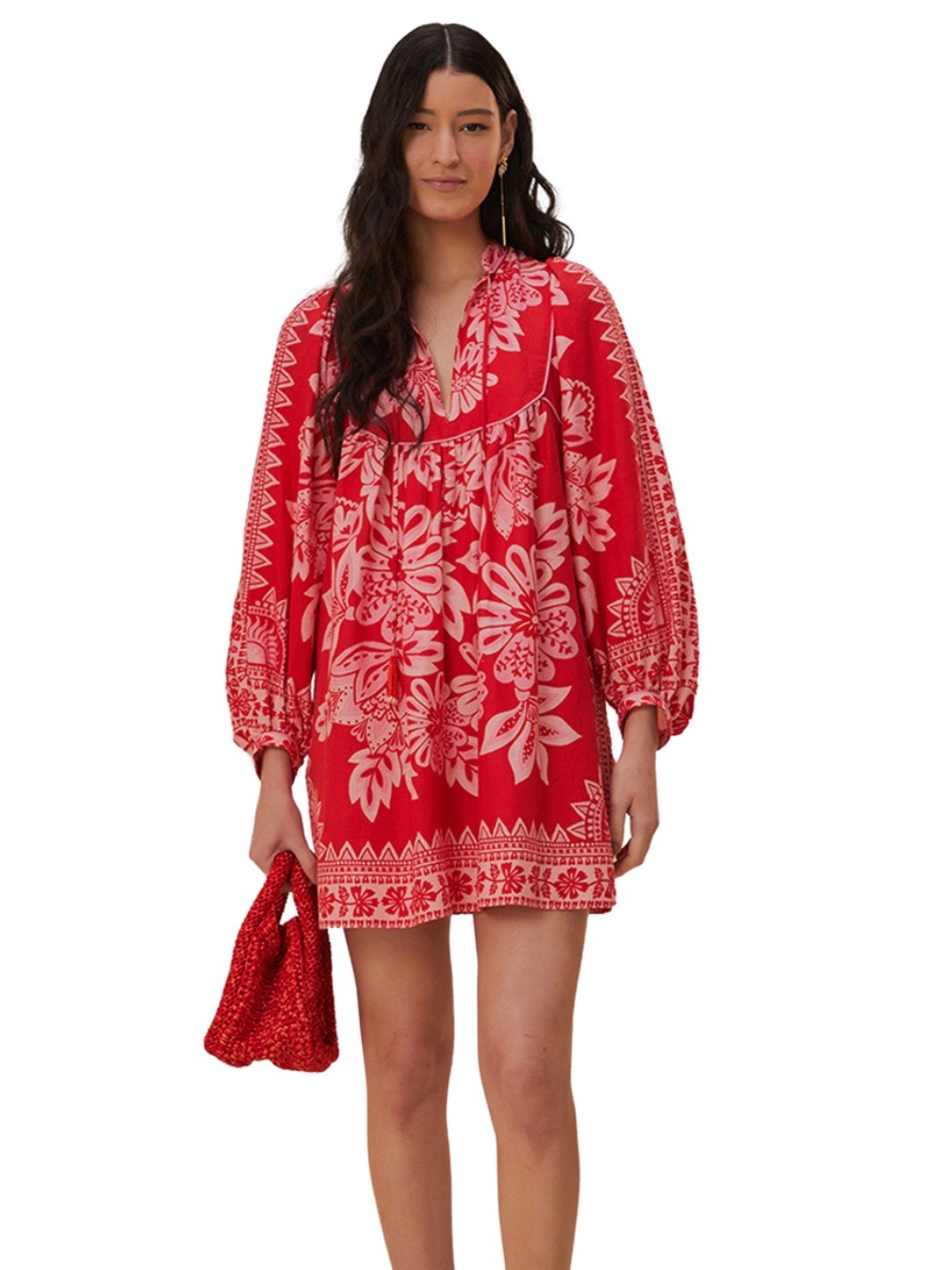 Farm Rio Flora Tapestry Red Pink Long Sleeve Mini Dress Size S Small